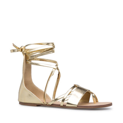 Metallic Gold Gladiator Sandals Open Toe Wrap Strappy Flats