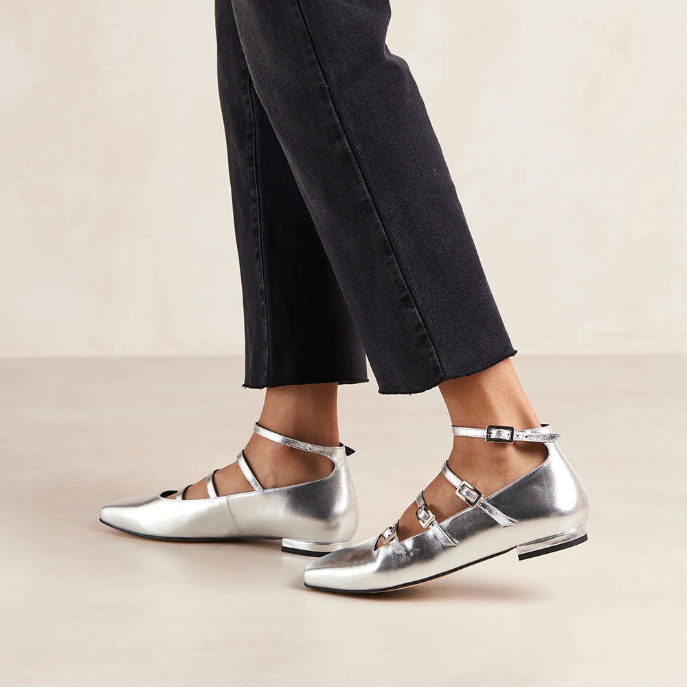 Shiny Silver Square Toe Strappy Flats Buckled Mary Jane Shoes