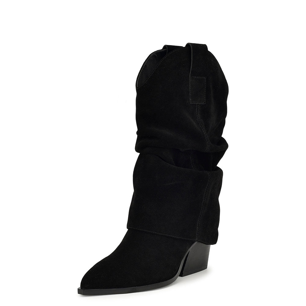 Black Faux Suede Closed Toe Chunky Heel Fold Over Knee High Boots