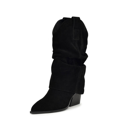 Black Faux Suede Closed Toe Chunky Heel Fold Over Knee High Boots