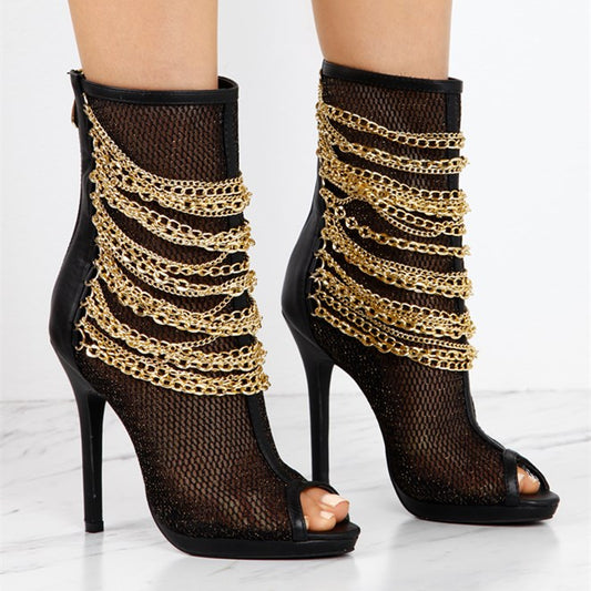 Women's Black Mesh Metal Chain Stiletto Heel Ankle Boots