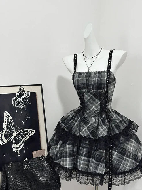 Vintage Black Plaid Design A-line Mini 15th Birthday Party Dress Tiered Homecoming Dress TP4046