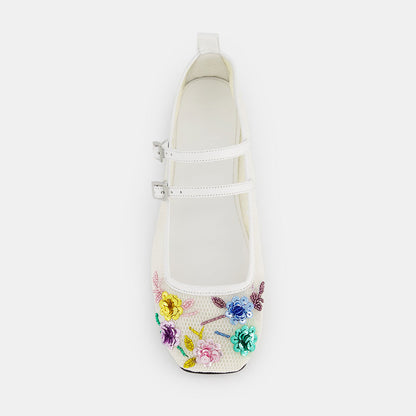 White Mesh Closed Toe Mary Jane Flats with Beads & Sequins Flowers