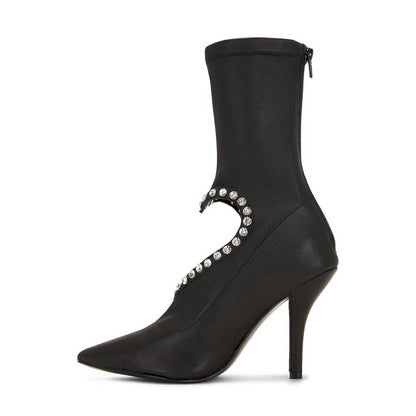 Black Women's Rhinestone Heart-Shaped Cutout Mid Calf Boots