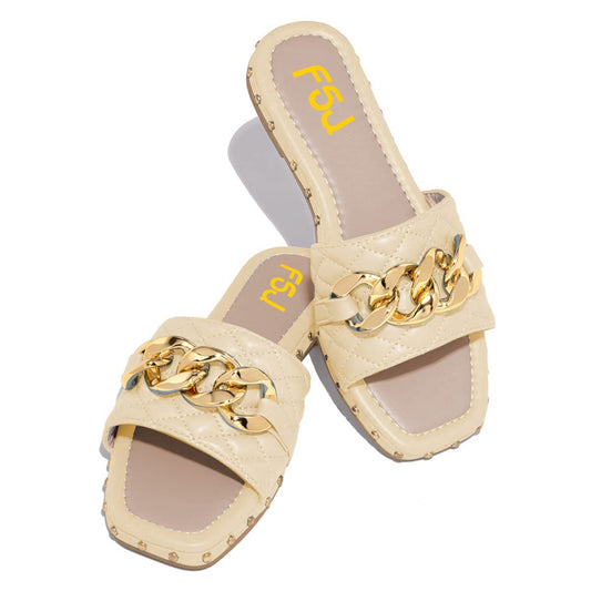 Beige Sewed Flat Mules Square Toe Chain Buckle Stud Slides