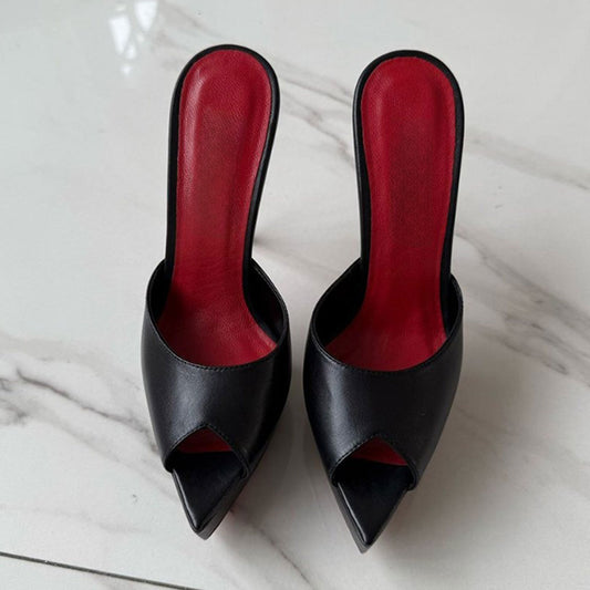 Women's Pointed Peep Toe Fashion Mules Black Platform Heel Shoes