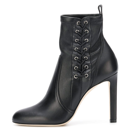 Black Lace Up Chunky Heel Almond Toe Ankle Boots