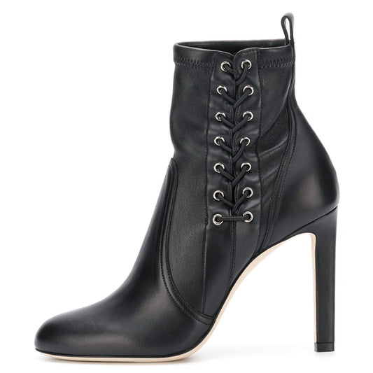 Black Lace Up Chunky Heel Almond Toe Ankle Boots
