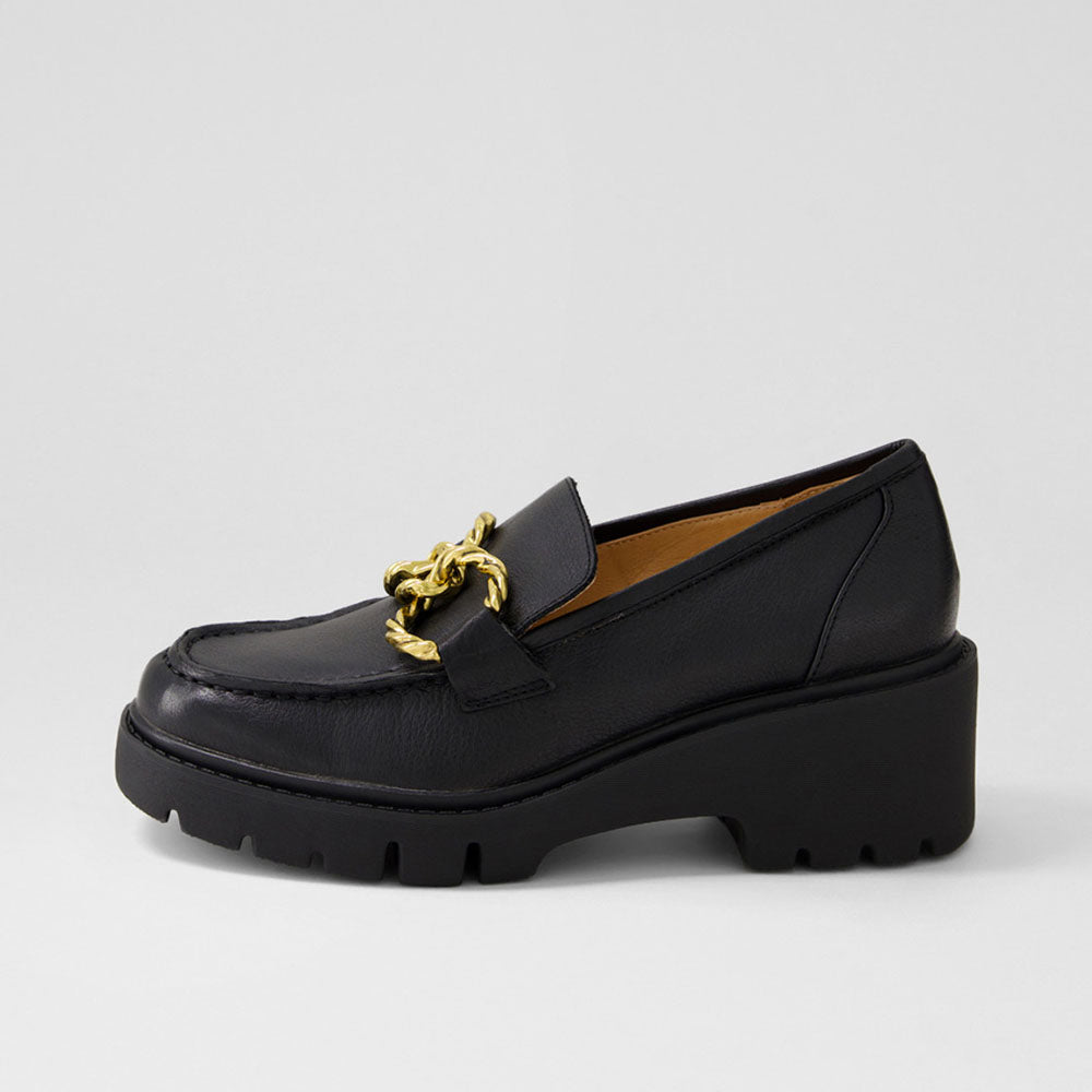 Women's Black Round Toe Chain Platform Loafers with Chunky Heels
