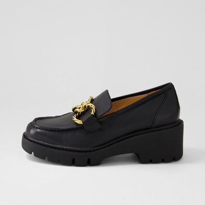 Women's Black Round Toe Chain Platform Loafers with Chunky Heels