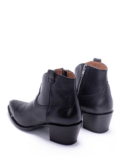 Black Vegan Leather Pointed Toe Side-Zipped Block Heeled Cowgirl Ankle Boots