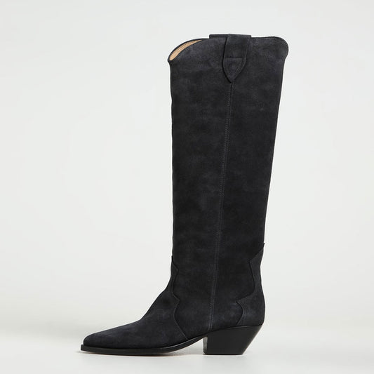 Black Velvet Pointed Toe Chunky Heel Wide Calf Knee High Cowgirl Boots