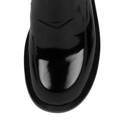 Vegan Leather Round Toe Chunky Heel Black Penny Loafers Women