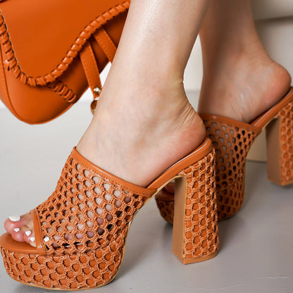 Brown Round Toe 4'' Chunky Heel Woven Wide Band Platform Mules