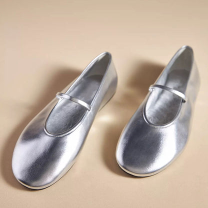 Silver Vegan Leather Round Toe Buckle Mary Jane Ballet Flats