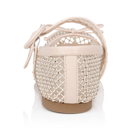 Nude Mesh Square Toe Bow Decor Rhinestone Ballet Flats for Women