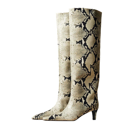 Beige & Black Python Printed Square Toe Kitten Heel Knee High Boots