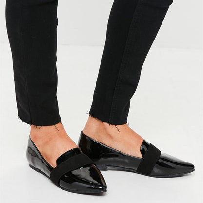 Black Patent Leather Flats Pointed Toe Elastic Strap Women's Loafers