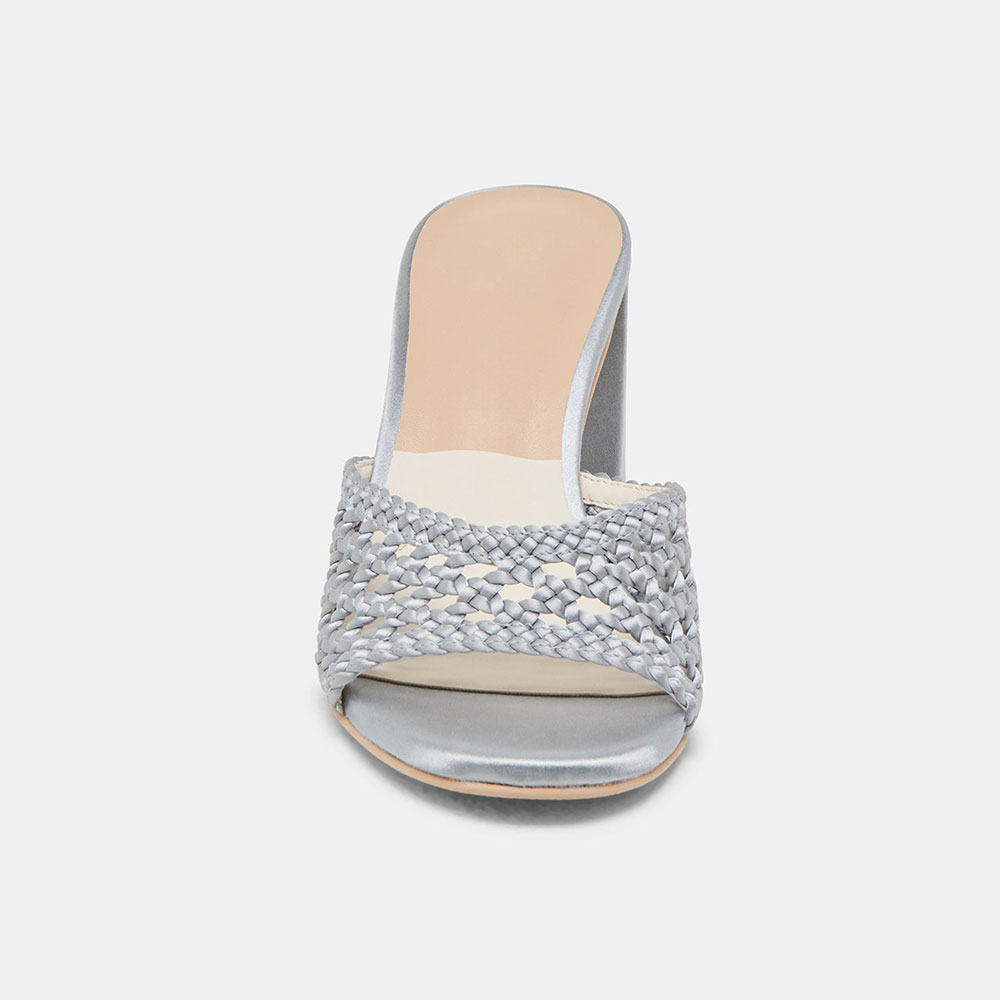 Chic Gray Woven Detail Open Round Toe Mule Block Heel Sandals