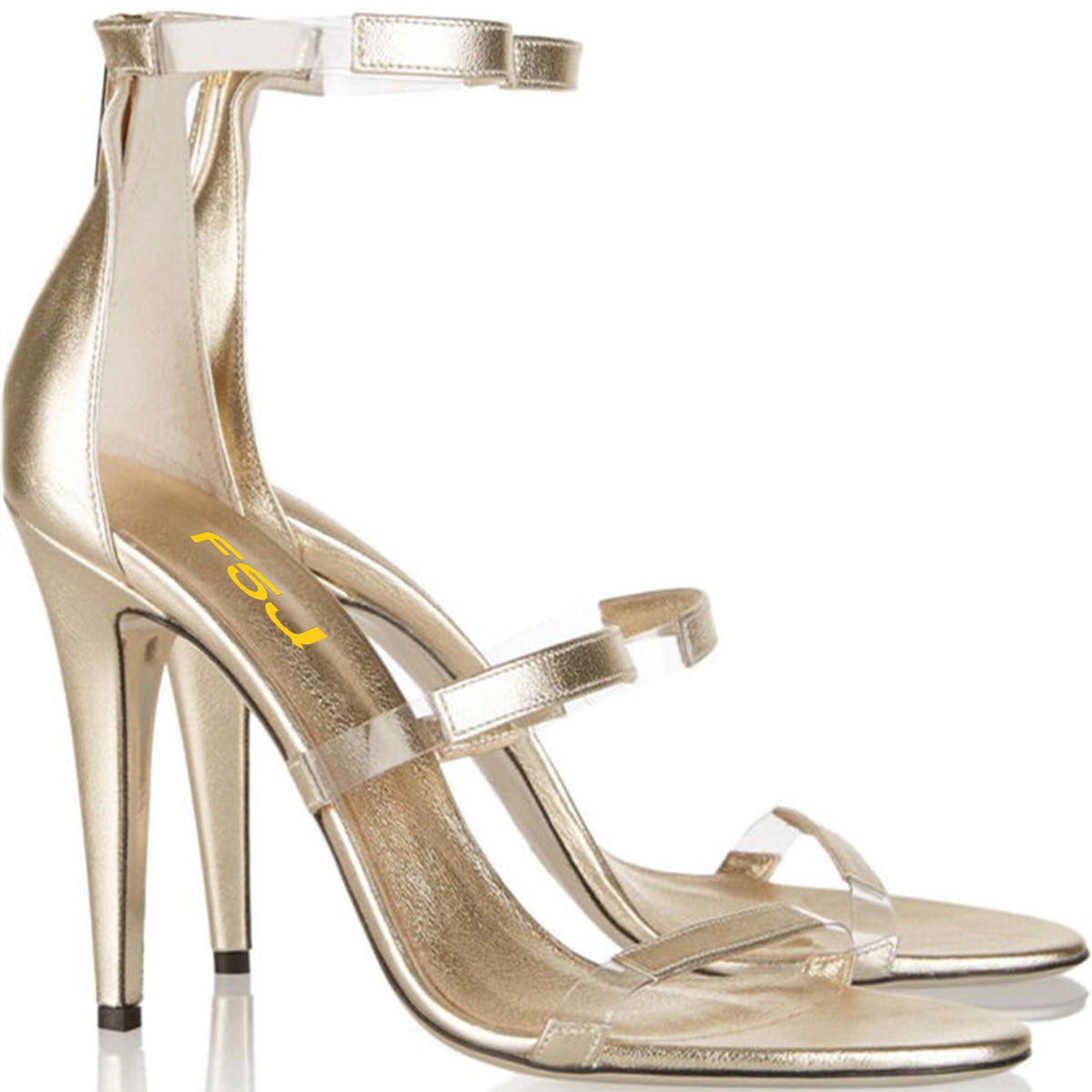 Women's Champagne Tri-Straps Clear Stiletto Heels Sandals