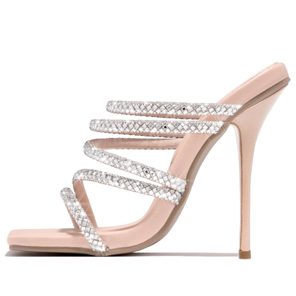 Beige Square Toe Stiletto Heel Strappy Mules