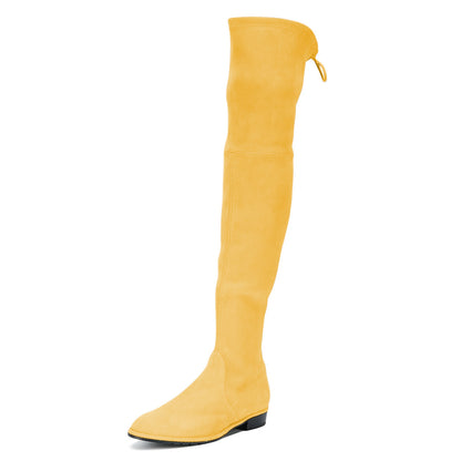 Yellow Vegan Suede Round Toe Chunky Heels Flat Over-The-Knee Boots