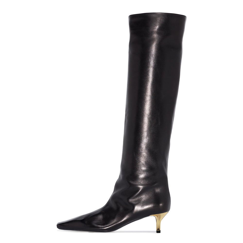 Black Square Toe Kitten Heel Dressy Knee High Boots for Women