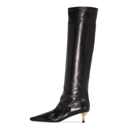 Black Square Toe Kitten Heel Dressy Knee High Boots for Women
