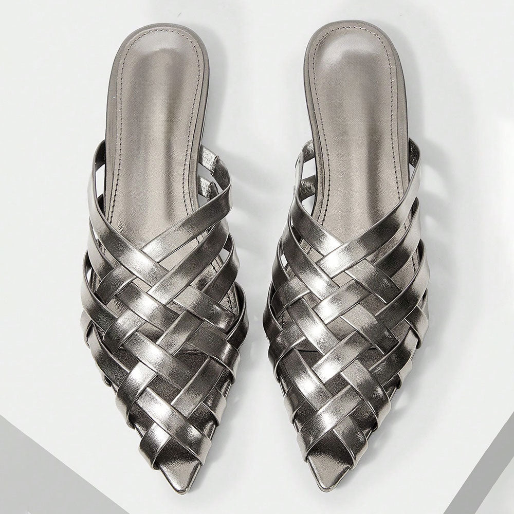 Women's Woven Metallic Finish Pointed Toe Flat Mules Sandals in Gray