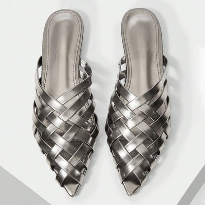 Women's Woven Metallic Finish Pointed Toe Flat Mules Sandals in Gray