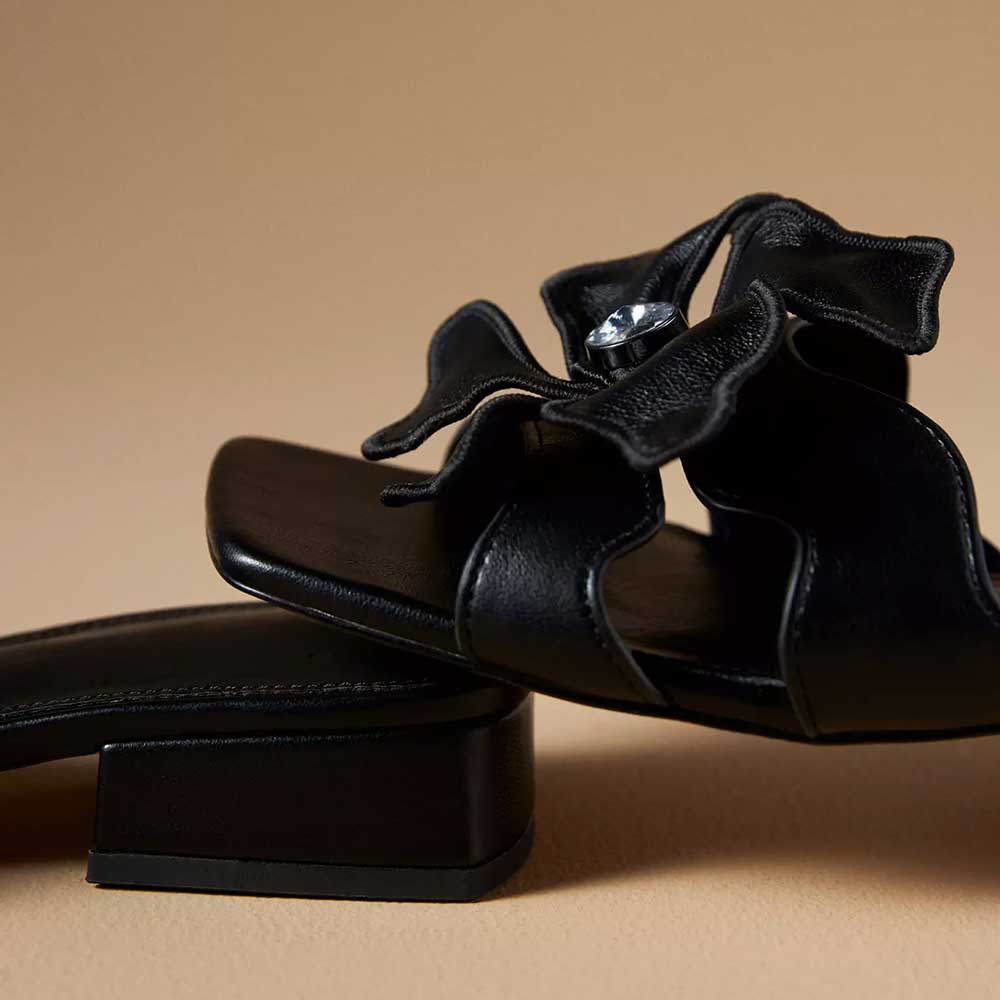 Black Vegan Leather Square Toe Chunky Heel Floral Inlay Slippers