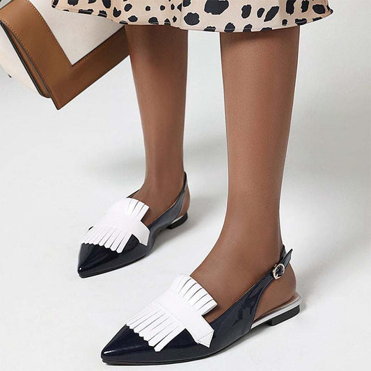 Black & White Slingback Flat Shoes Pointy Toe Fringe Buckle Flats