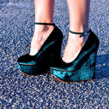 Women's Platform Wedge Heels Vintage Ankle Strap Pumps Velvet Shoes