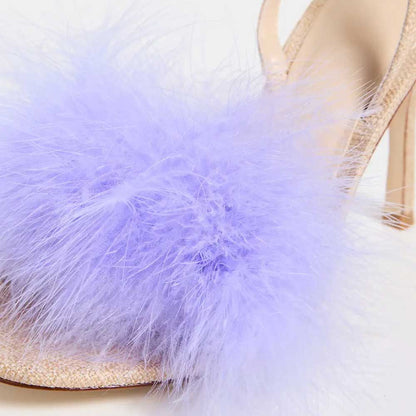 Beige & Purple Woven Raffia Feather Trim Slingback Heeled Sandals