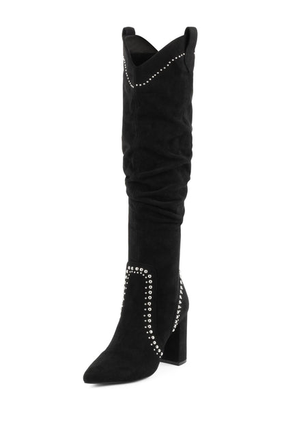 Black Vegan Suede Studs Chunky Heel Knee High Boots