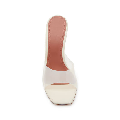 Beige Open Square Toe PVC Band Translucent Wedge Mules Sandals