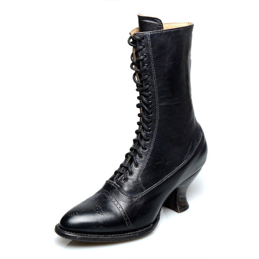 Vintage Lace-Up Almond Toe Spool Heel Mid Calf Boots in Black