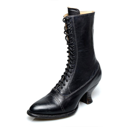 Vintage Lace-Up Almond Toe Spool Heel Mid Calf Boots in Black