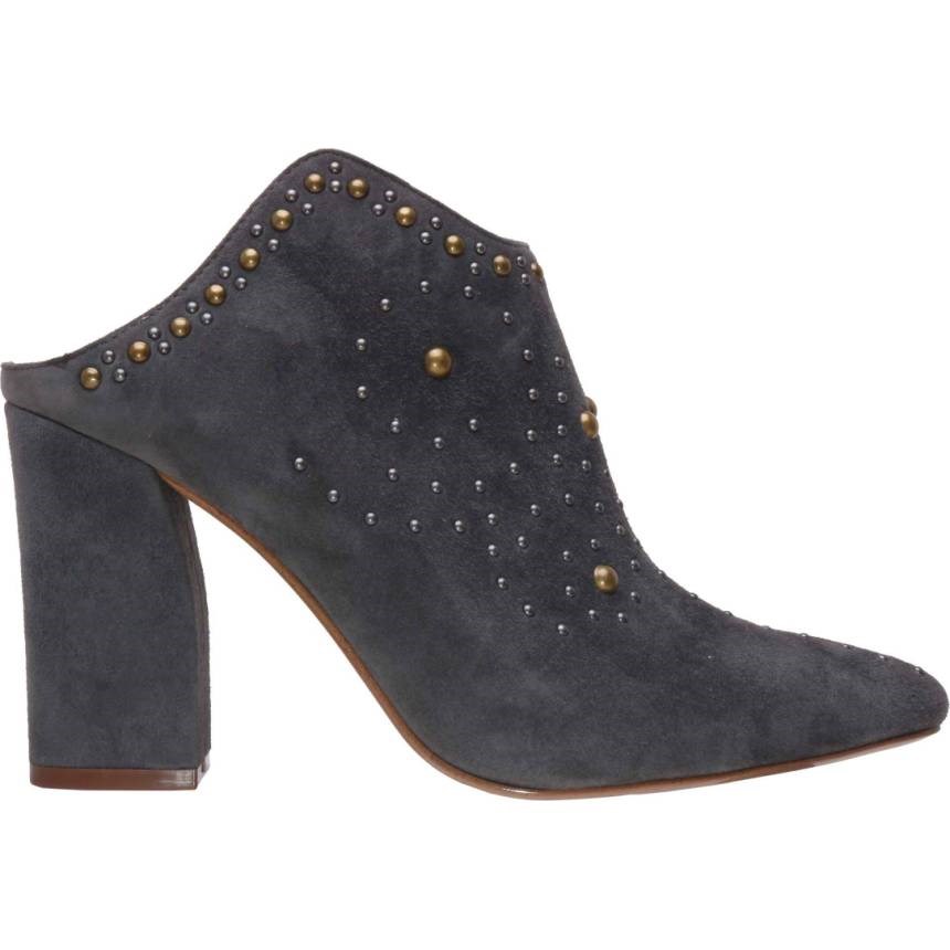 Women's Dark Grey Block Heels Pointed Toe Studded Mules Shoes