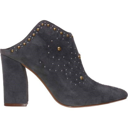 Women's Dark Grey Block Heels Pointed Toe Studded Mules Shoes