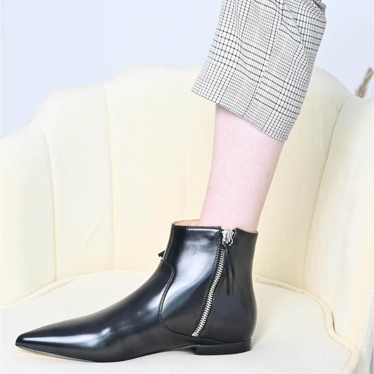 Black Closed Toe Flat Ankle Boots with Double Zippers