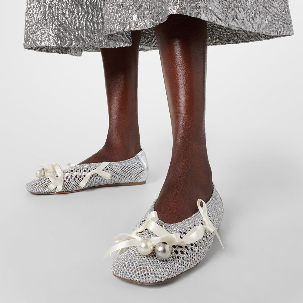 Silver Crochet Mesh Square Toe Pearl Bow Decor Women's Dress Flats