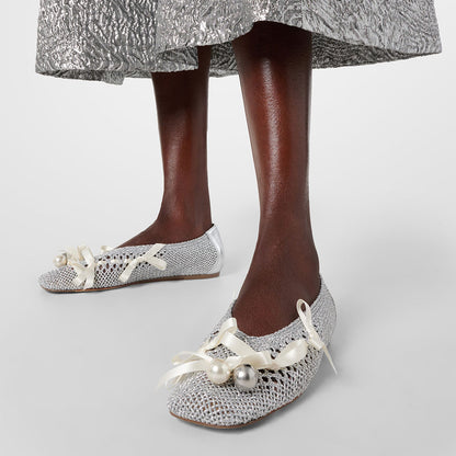 Silver Crochet Mesh Square Toe Pearl Bow Decor Women's Dress Flats