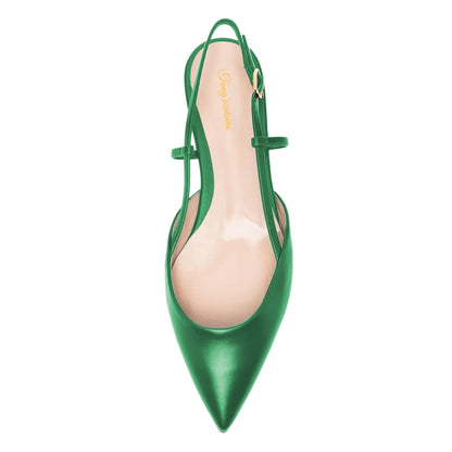 Women's Classic Green Vegan Leather Slingback Pointed Toe Flats
