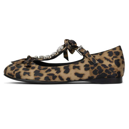 Brown & Black Leopard Print Satin Crystal Mary Jane Flats with Bows