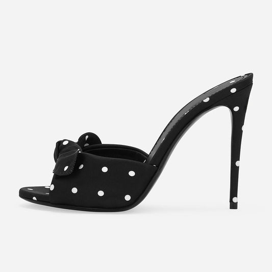 Black & White Polka Dot Open Toe Stiletto Heel Mules Shoes with Knot