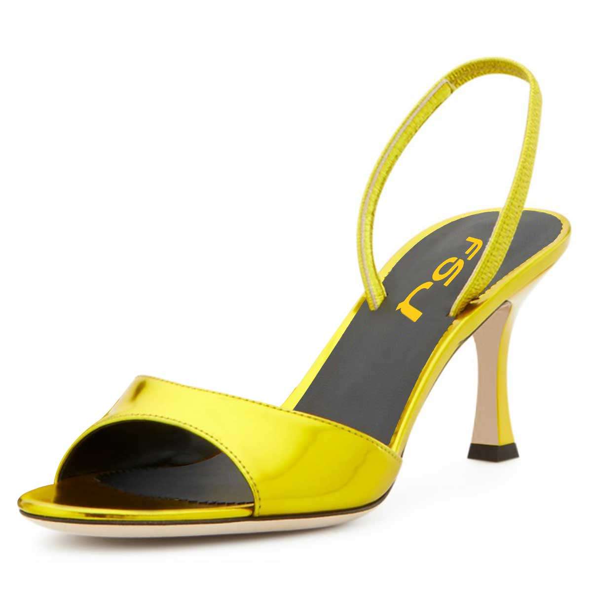 Yellow Patent Leather Open-Toe Spool Heel Slingback Summer Sandals
