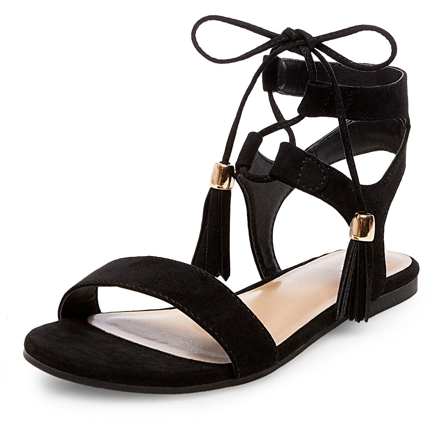 Black Gladiator Sandals Women's Vegan Suede Tassels Lace Up Flats