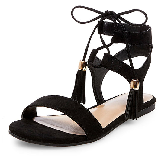 Black Gladiator Sandals Women's Vegan Suede Tassels Lace Up Flats