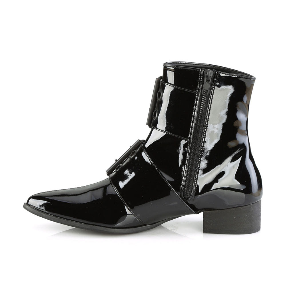 Black Patent Leather Pointed Toe Chunky Heel Studded Ankle Boots